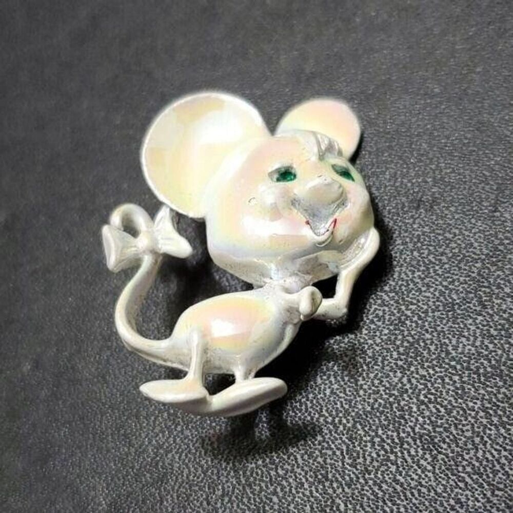 Vintage Gerry's Iridescent White Mouse Brooch Green Rhinestone Eyes